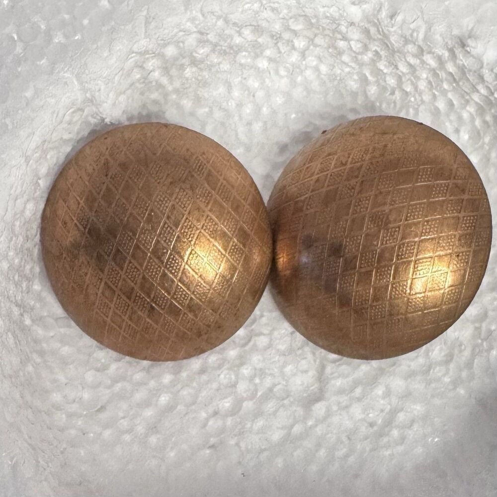 Vintage Copper Tone Round Dome With Crosshatch Etching Clip On Earrings